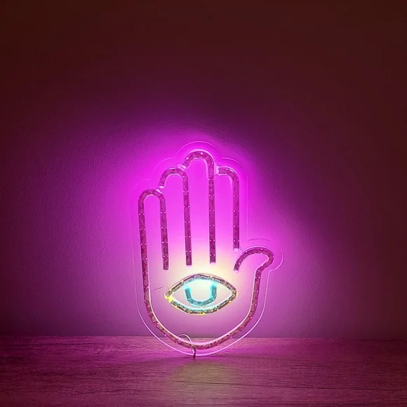 LAST ONE! Purple Hamsa Hand Fatima Evil Eye Neon Light Lamp Wall Sign Hanging - Picture 7 of 8